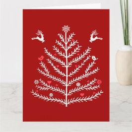 Tarjeta Árbol de Navidad nórdico festivo ciervo rojo oscur