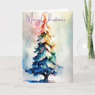 Tarjeta Árbol de Navidad pintado a mano con acuarela brill