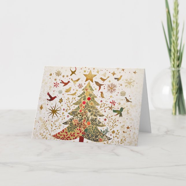 Tarjeta Árbol de Navidad Purpurina de oro con cortes (Anverso)