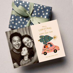 Tarjeta Árbol de Navidad Retro Coche Foto de Familia Fiest