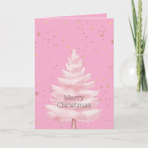 Tarjeta Árbol de Navidad Rosa Copos de Nieve Dorados