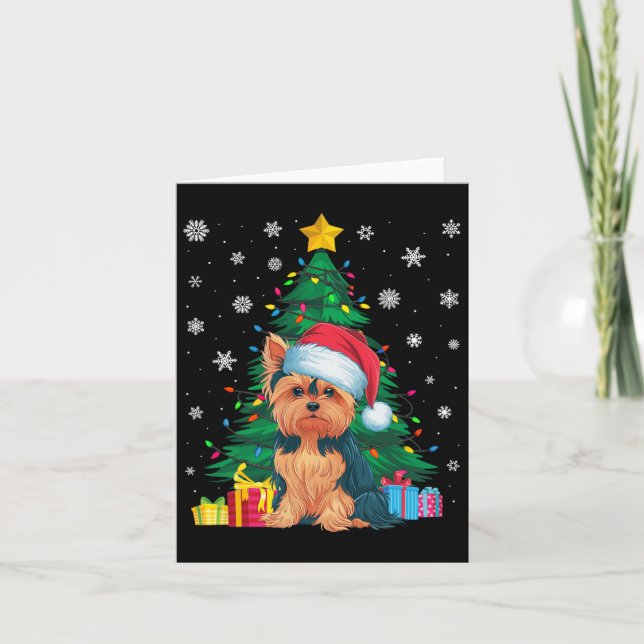 Tarjeta Árbol de Navidad sudoroso enciende Yorkie Dog Sant (Anverso)