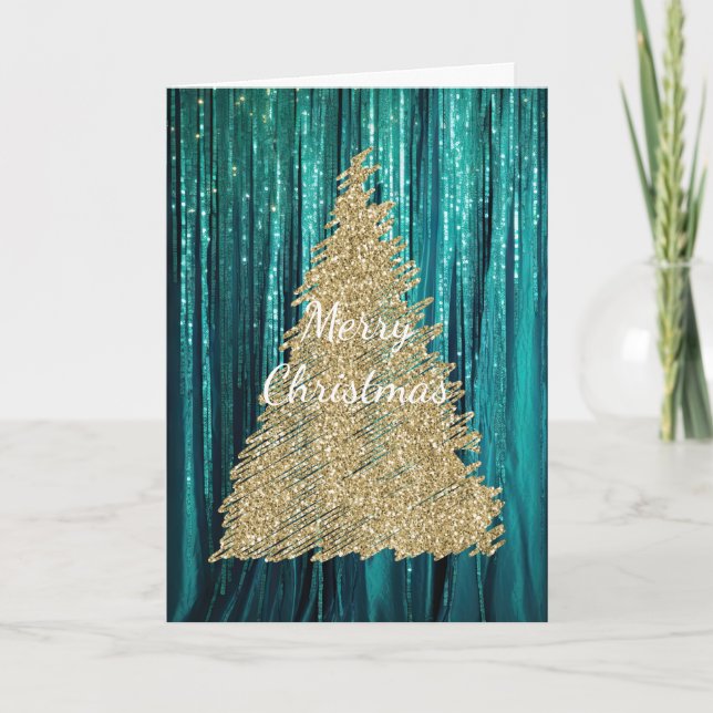 Tarjeta Árbol de Navidad verde azulado de Purpurina de Oro (Anverso)