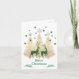 Tarjeta Árbol de Navidad verde y dorado, reno