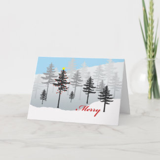 Tarjeta Árbol de navidad y búho en el bosque de Spruce