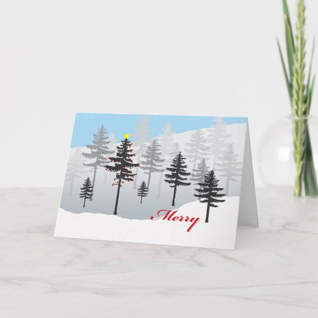 Tarjeta Árbol de navidad y búho en el bosque de Spruce (Anverso)