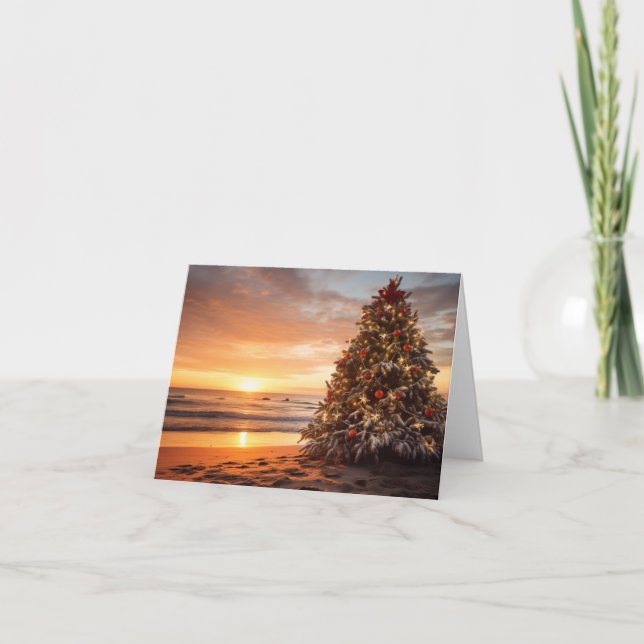 Tarjeta Árbol de navidades en la playa al amanecer (Anverso)