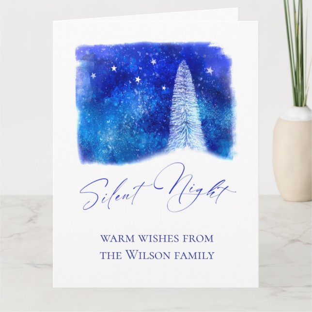 Tarjeta Árbol de nieve de Noche Silenciosa azul y blanco n (Anverso)