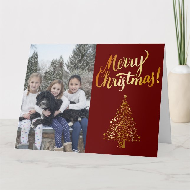 Tarjeta Árbol de oro de fotos navideñas (Anverso)