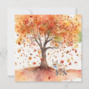 Tarjeta Árbol de otoño con hojas caídas y acuarela Fox