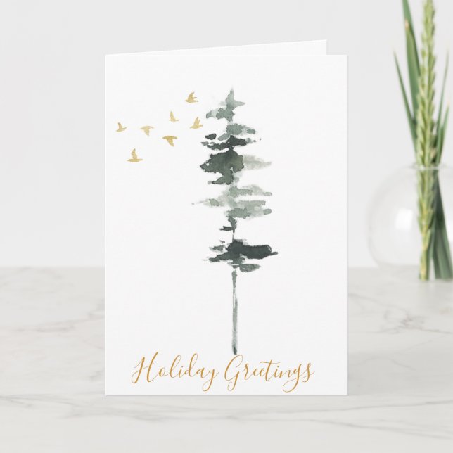 Tarjeta Árbol de pinos de invierno y acuarela de pájaros (Anverso)