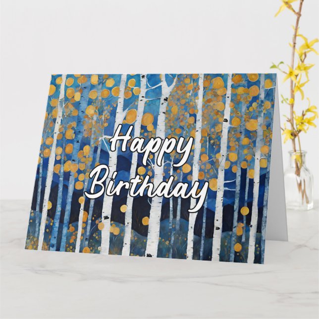 Tarjeta Árbol de pluma de oro azul feliz cumpleaños (flor amarilla)