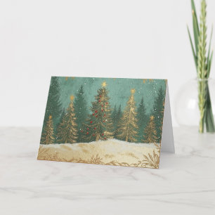 Tarjeta Árbol de Relieve metalizado dorado en escena nevad