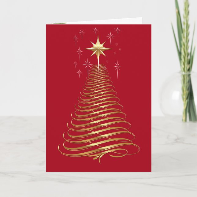 Tarjeta Árbol de vacaciones dorado contemporáneo en rojo (Anverso)