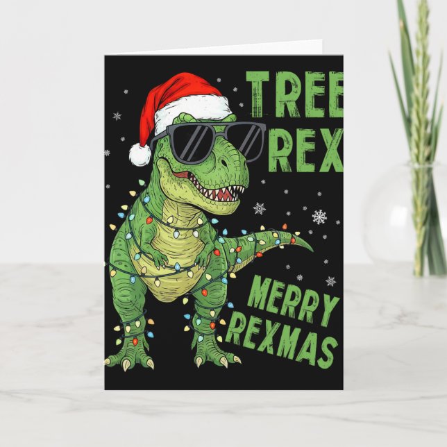 Tarjeta Árbol Divertido Rex Dinosaurio de Navidad Sombrero (Anverso)