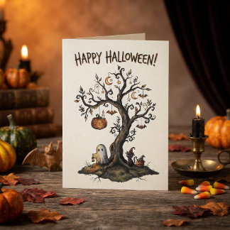 Tarjeta Árbol espeluznante de Halloween con fantasmas y mu