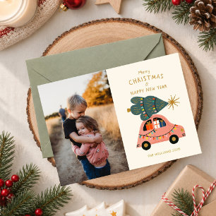 Tarjeta Árbol festivo en el coche Foto familiar de Navidad