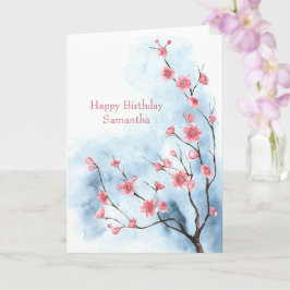 Tarjeta Árbol Floral Rosa Azul Personalizado Acuarela