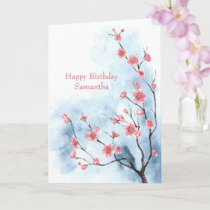 Tarjeta Árbol Floral Rosa Azul Personalizado Acuarela