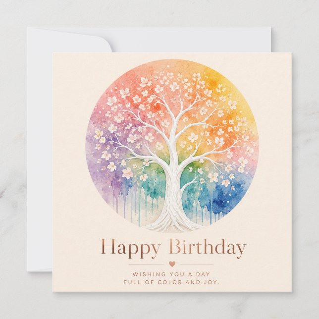 Tarjeta Árbol Florido de Arcoíris Cumpleaños Alegría (Anverso)