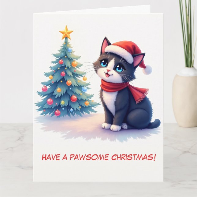 Tarjeta Árbol ilustrado de gato y de Navidad en blanco y n (Anverso)