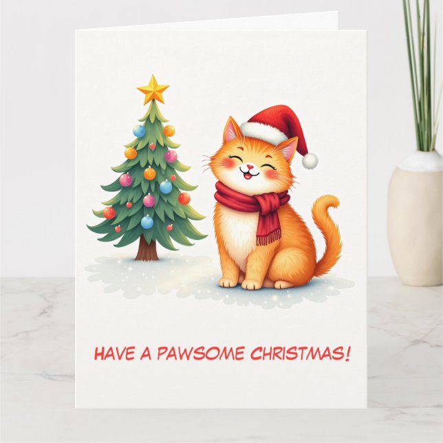 Tarjeta Árbol ilustrado de gato y Naranja lindo (Anverso)