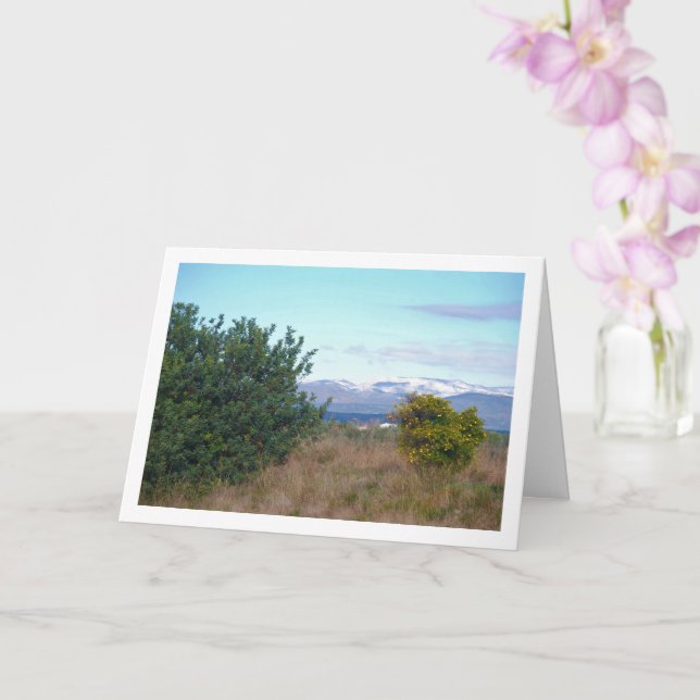 Tarjeta Árbol Naranja mandarín y montañas nevadas (Orquídea)