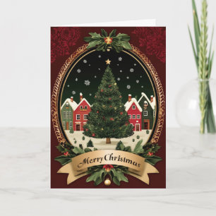 Tarjeta Árbol nevado y ovalada aldea acogedora de Navidad