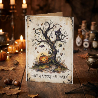 Tarjeta Árbol vintage espeluznante de Halloween
