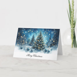 Tarjeta Árboles azules y ornamentos navideños