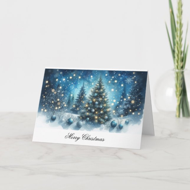 Tarjeta Árboles azules y ornamentos navideños (Anverso)