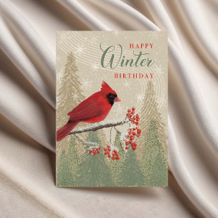 Tarjeta Árboles de cumpleaños de invierno bayas y cardenal