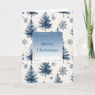 Tarjeta Árboles de Navidad Azules Blancos Copos de Nieve