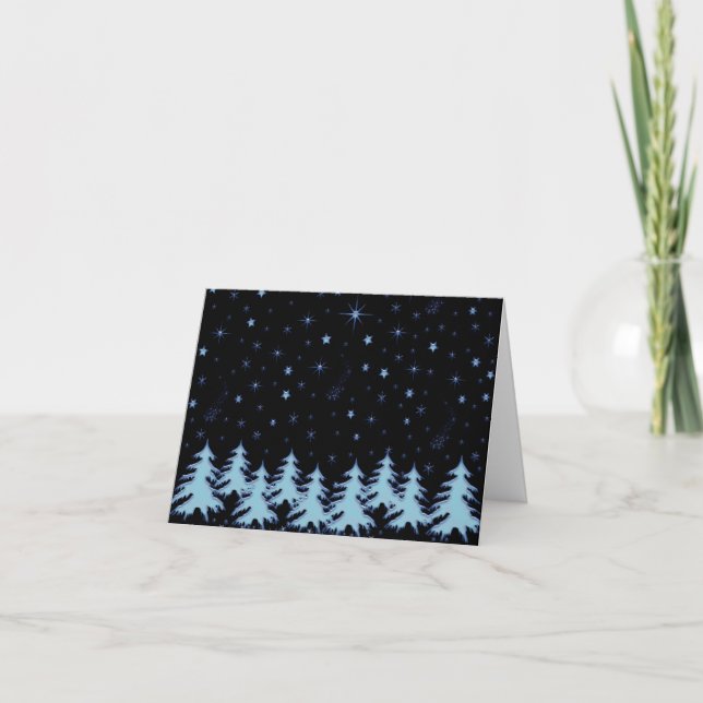 Tarjeta Árboles de Navidad brillantes azules y estrellas e (Anverso)