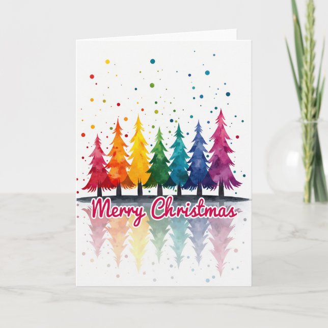 Tarjeta Árboles de Navidad con Arcoíris en Acuarela (Anverso)