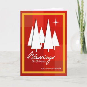 Tarjeta Árboles de Navidad en cajas de cuadros rojos