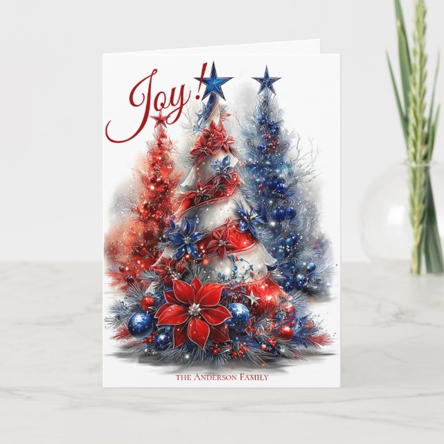 Tarjeta Árboles de Navidad Festivos Rojo Blanco y Azul (Anverso)