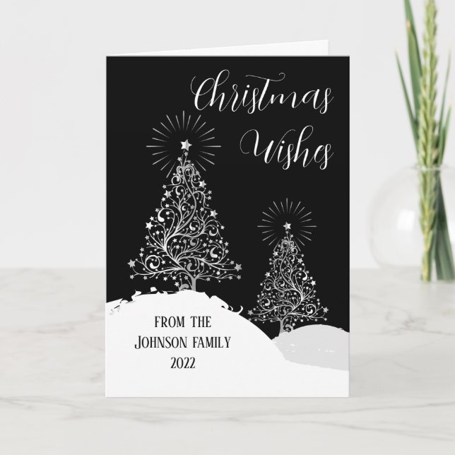 Tarjeta Árboles de Navidad Nieve diseño moderno de plata (Anverso)
