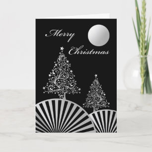 Tarjeta Árboles de Navidad y Luna, diseño plateado moderno