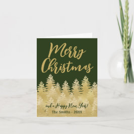 Tarjeta Árboles de pino dorados Feliz Navidad Foto verde o