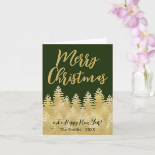 Tarjeta Árboles de pino dorados Feliz Navidad Foto verde o