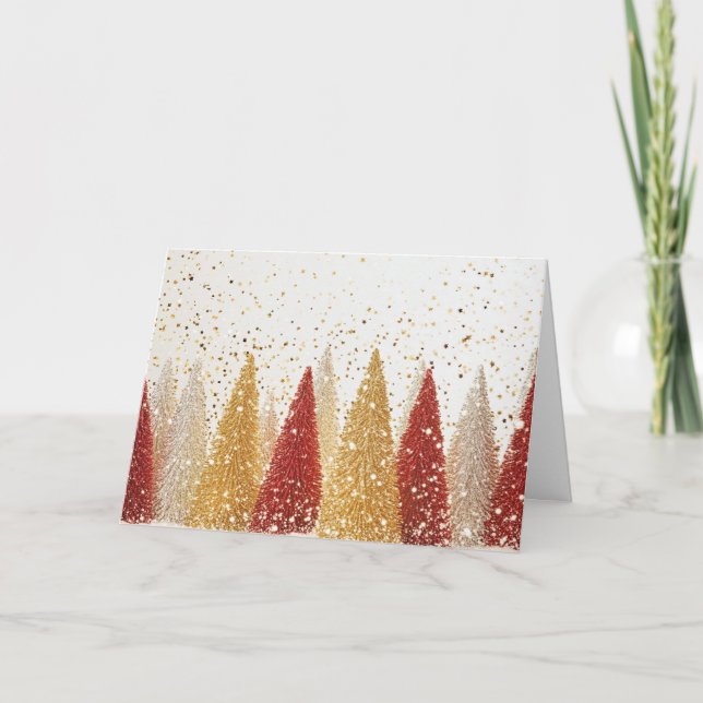 Tarjeta Árboles festivos de rojo y plata con copos de niev (Anverso)
