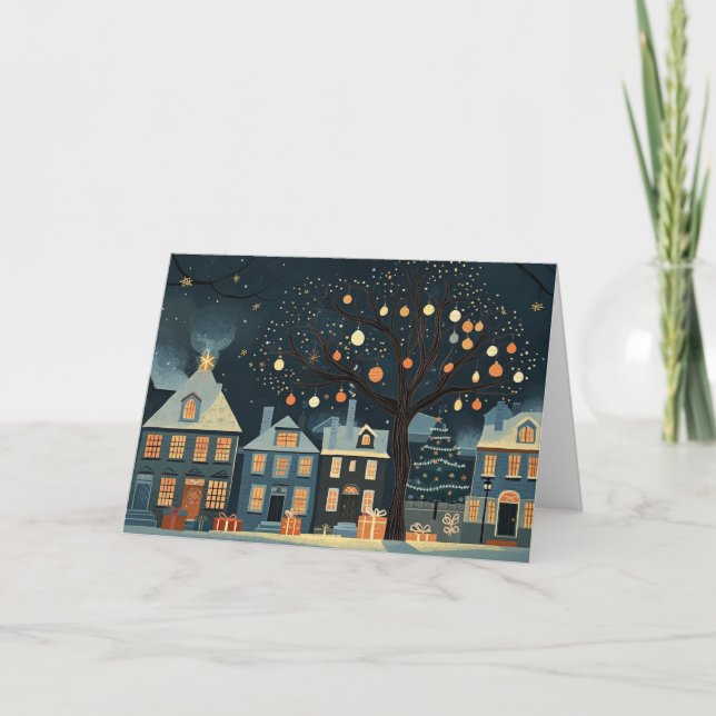 Tarjeta Árboles navideños iluminados y casas nevadas (Anverso)