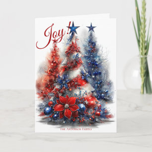 Tarjeta Árboles navideños rojos y azules