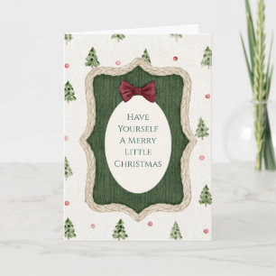 Tarjeta Árboles verdes lazo rojo Feliz pequeño Navidad