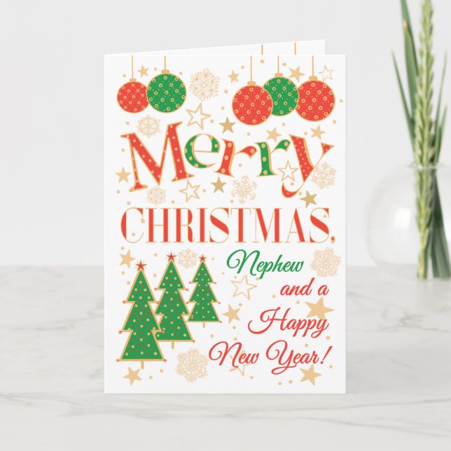 Tarjeta Árboles y ornamentos de Navidad para el sobrino (Anverso)