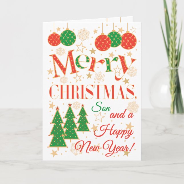 Tarjeta Árboles y ornamentos de Navidad para su hijo (Anverso)