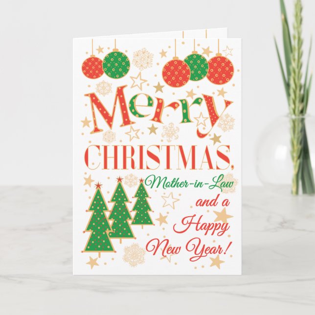 Tarjeta Árboles y ornamentos de Navidad para suegros (Anverso)