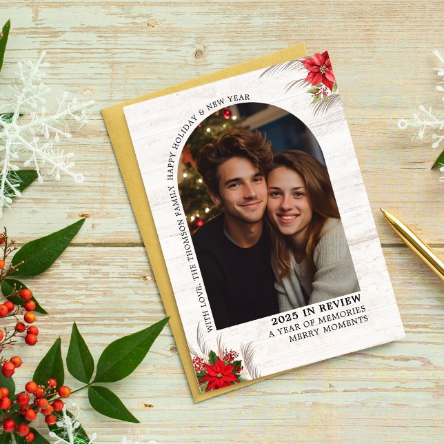 Tarjeta Arch What a Year en Review multifotos de Navidades (arch christmas elegant classic typography modern minimalist family botanical foliage holly berries)