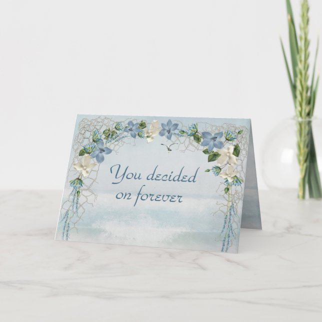 Tarjeta Arco de flores boda sobre acuarela oceánica (Anverso)